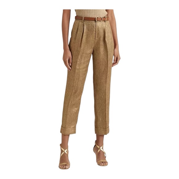 Ralph Lauren Women's Linen Metallic Pleated Herringbone Pants 8 - Picture 1 of 9